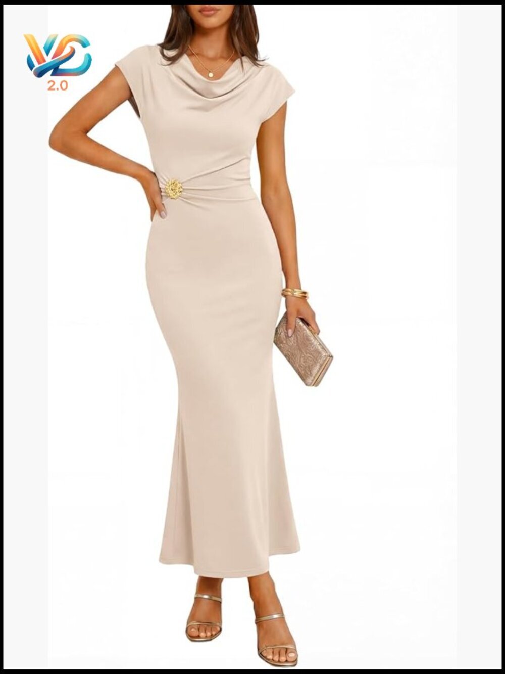 Cowl Neck Bodycon Maxi Dress Cap Sleeve Ruched Wedding Guest Cocktail